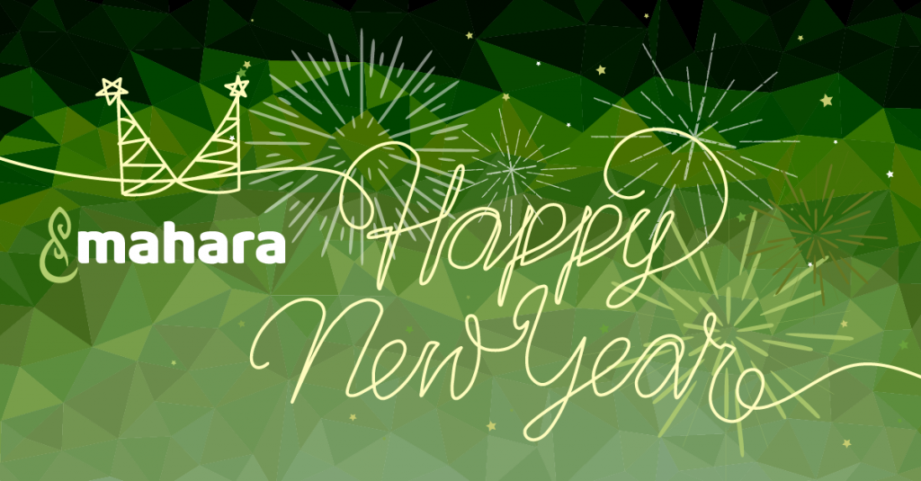 Mahara logo and text 'Happy new year' with fireworks in a single-line drawing