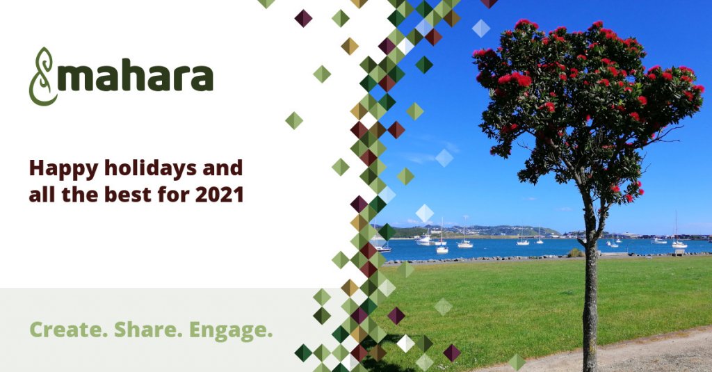 Holiday card from the Mahara team with a pōhutukawa tree in front of Evans Bay in Wellington