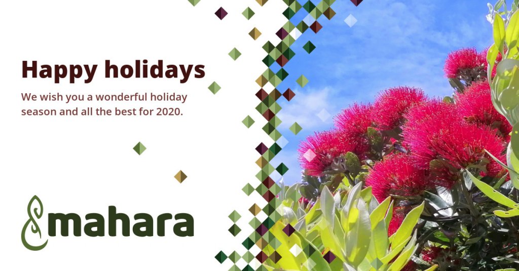 Mahara team holiday greetings with a detail of a pōhutukawa in bloom