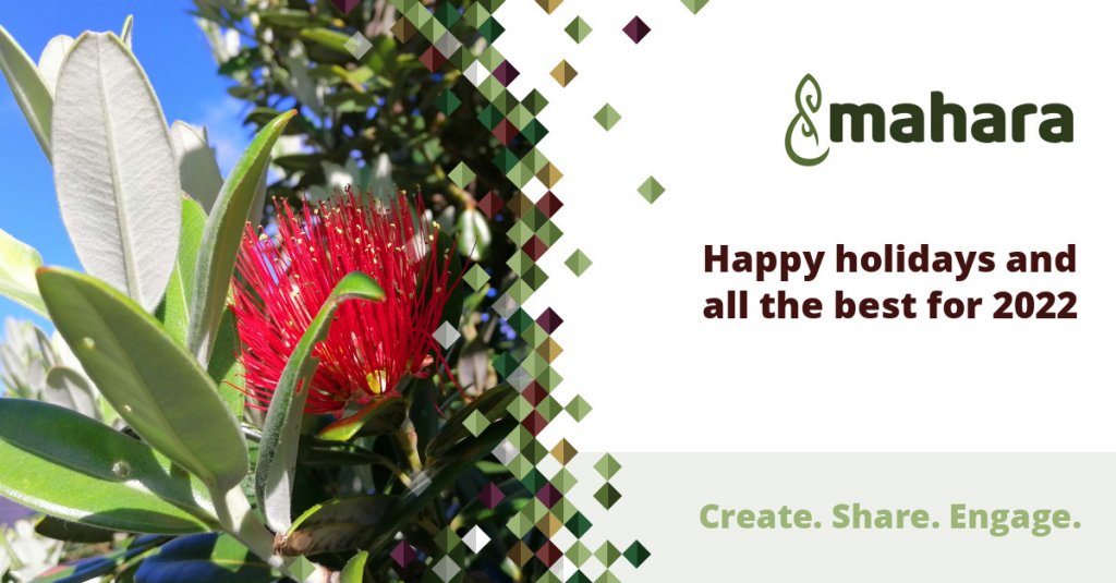 Mahara team holiday card with pōhutukawa flower on the left and 'Happy holidays and all the best for 2022' on the right