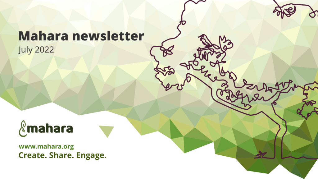 Promo image for the July 2022 newsletter with a line drawing of a pōhutukawa tree and tūī