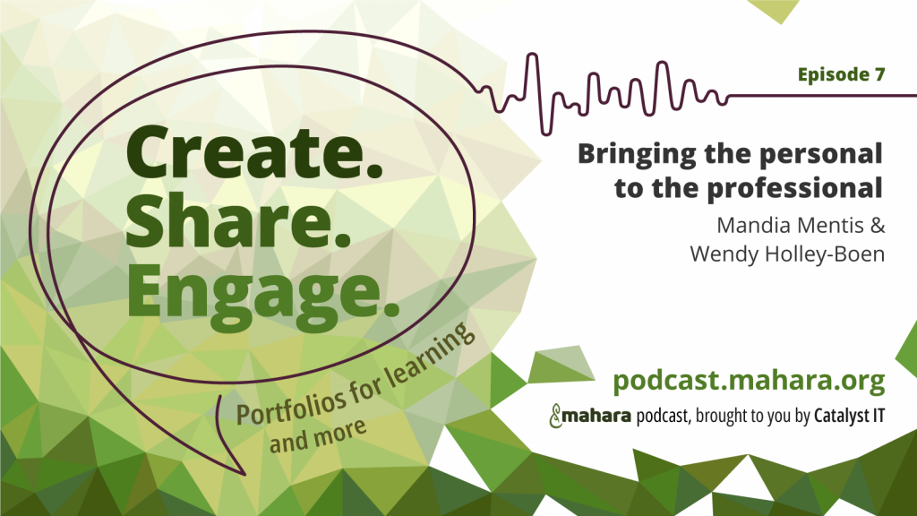 Episode 7: 'Bringing the personal to the professional' with Mandia Mentis and Wendy Holley-Boen. Podcast logo where 'Create. Share. Engage.' is in a hand-drawn single-line speech bubble and 'Portfolios for learning and more' written on the bottom curve.