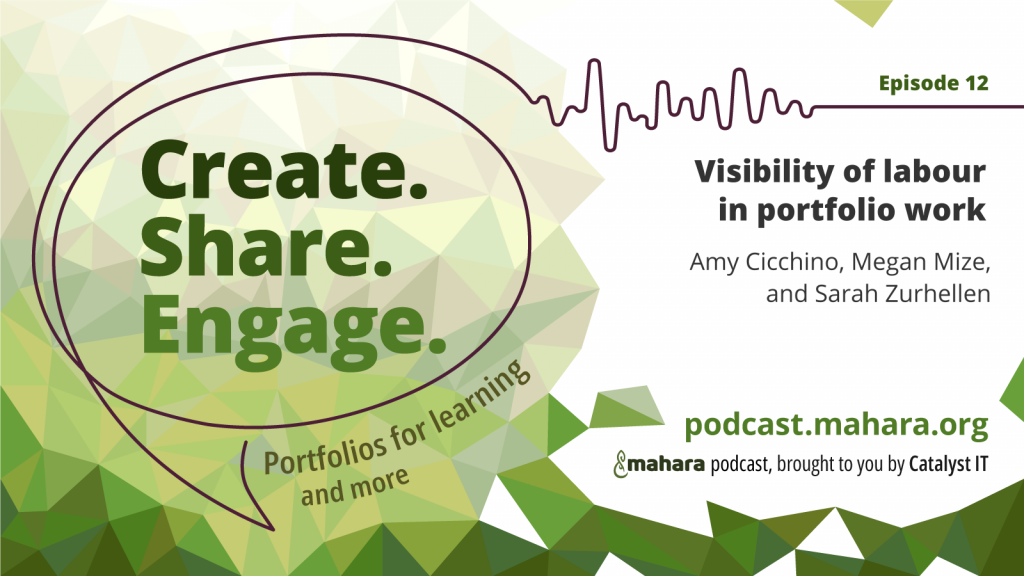 Podcast logo for 'Create. Share. Engage.' that is a hand drawn speech bubble with the three words in it. It sits alongside the episode title and the podcast URL and 'Mahara podcast brought to you by Catalyst IT'.